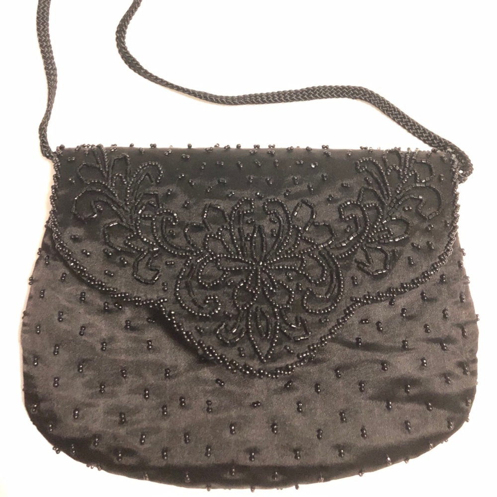 Black Satin Beaded Evening Bag/Clutch